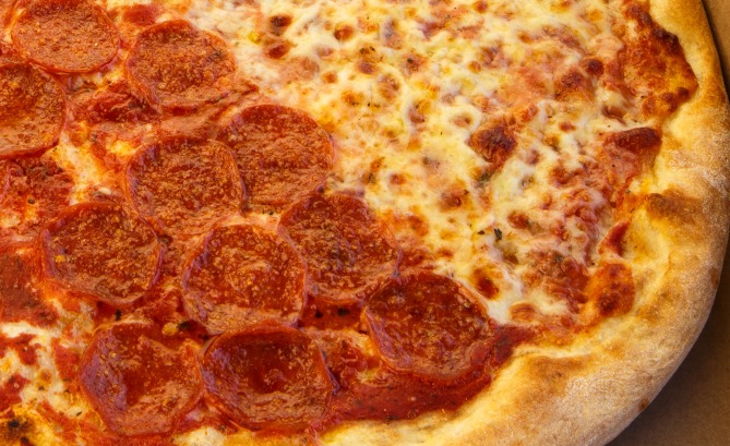 Pizza half pepperoni half cheese
